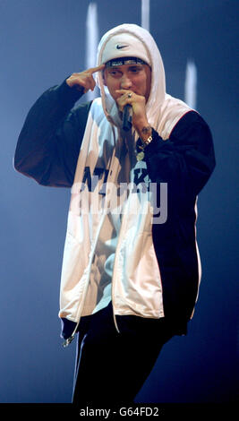 US rapper Eminem performing on stage during the MTV Europe Music Awards 2002, at the Palazzo Sant Jordi, Barcelona, Spain. Stock Photo