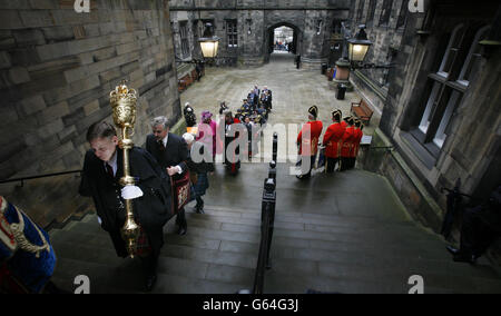 Members of The Lord High Commissioner arrival procession, outside New College in Edinburgh, ahead of the first day of the General Assembly of the Church of Scotland. Stock Photo