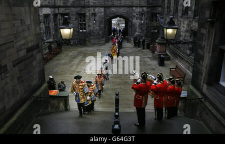 Members of The Lord High Commissioner arrival procession, outside New College in Edinburgh, ahead of the first day of the General Assembly of the Church of Scotland. Stock Photo