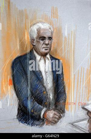 Court artist sketch by Elizabeth Cook of PR guru Max Clifford appearing at Westminster Magistrates' Court in London, where he is charged with 11 historic counts of indecent assault against teenage girls.