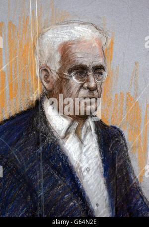 Court artist sketch by Elizabeth Cook of PR guru Max Clifford appearing at Westminster Magistrates' Court in London, where he is charged with 11 historic counts of indecent assault against teenage girls.