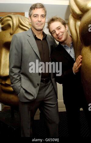 Director and star of the film George Clooney (left), with actor Sam Rockwell, also starring in the film prior to a special BAFTA screening of their new movie 'Confessions of a Dangerous Mind', at BAFTA Piccadilly in central London. Stock Photo