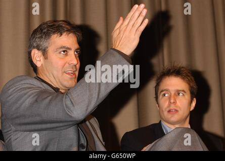 Director and star of the film George Clooney (left), with actor Sam Rockwell, also starring in the film during a Q&A session after a special BAFTA screening of their new movie 'Confessions of a Dangerous Mind', at BAFTA Piccadilly in central London. Stock Photo