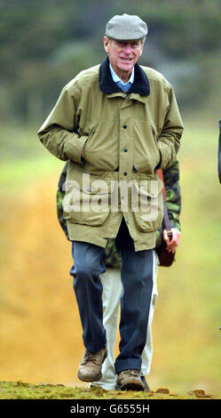 The Duke of Edinburgh during a visit to a clay pigeon shooting competition organised by the British Association of Shooting and Conservation on the royal Sandringham Estate near Kings Lynn, Norfolk. *..Newspapers had reported earlier Monday that the Duke, 81, was sporting black eyes and cuts, but he appeared in good spirits as he chatted to association officials and at one time, asked reporters 'Do I look ill?' Stock Photo