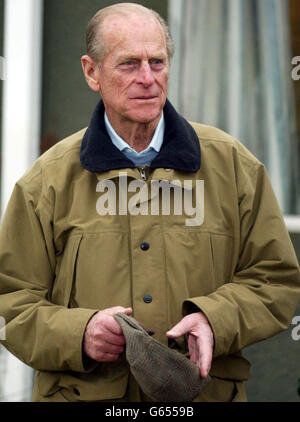 The Duke of Edinburgh during a visit to a clay pigeon shooting competition organised by the British Association of Shooting and Conservation on the royal Sandringham Estate near Kings Lynn, Norfolk. *..Newspapers had reported earlier Monday that the Duke, 81, was sporting black eyes and cuts, but he appeared in good spirits as he chatted to association officials and at one time, asked reporters 'Do I look ill ?' * 21/02/2003: The Duke of Edinburgh who was, Friday February 21, 2003, opening a 7 million science unit at York University where pioneering anti-cancer drugs are being developed. The Stock Photo
