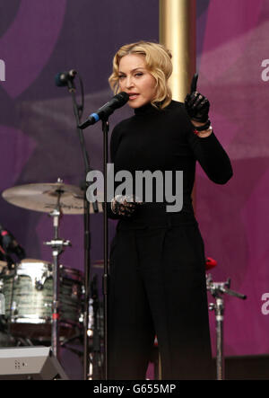 Madonna on stage at the Sound of Change Live concert held at Twickenham Stadium, London. Stock Photo