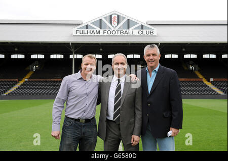 Fulham joint managers Simon Morgan, Les Strong and Tony Gale (left to right) pose for a photo before the game Stock Photo