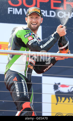 Tom Sykes riding for Kawasaki racing Team celebrates winning the first race Stock Photo