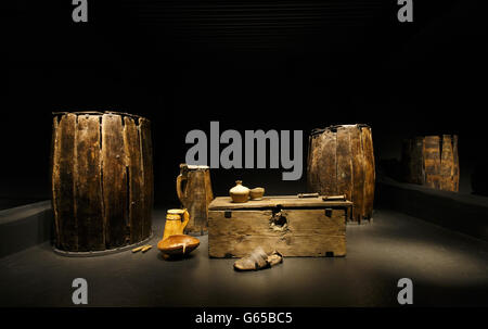 Artifacts brought from the sea bed of The Solent and preserved on display at the new Mary Rose Museum which will open at the end of May at Portsmouth Historic Dockyard in Hampshire. Stock Photo