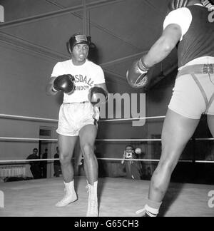 American heavyweight Cassius Clay during a sparring session at the Drill Hall near the White City, London, where he is preparing to make good on his boast that he will beat British heavyweight champion Henry Cooper in five rounds when they meet at Wembley. Stock Photo
