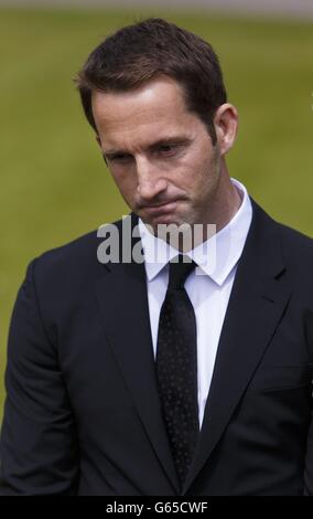 Olympic gold medallist Sir Ben Ainslie arrives for the funeral of his close friend and fellow team-mate Andrew 'Bart' Simpson in Sherbourne, Dorset. Stock Photo