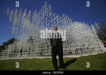 Japanese architect Sou Fujimoto, who designed the structure, during the press view of Serpentine Gallery Pavilion 2013, at the Serpentine Gallery in Kensington Gardens, London. Stock Photo