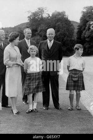 President Dwight D. Eisenhower of America during his current visit to this country, with Queen Elizabeth II, Prince of Wales and Princess Anne, Major John Eisenhower, and Major-General Howard Snyder (extreme right) personal physician to the President. Stock Photo