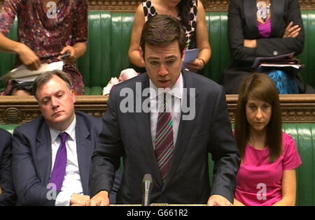 Shadow Health Secretary Andy Burnham responds to a statement made by Secretary of State for Health Jeremy Hunt on heart surgery in the House of Commons, London. Stock Photo