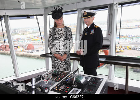 The Duchess of Cambridge on the bridge with Captain Tony Draper during her tour of the Royal Princess after the Princess Cruises ship naming ceremony at Ocean Terminal, Southampton. Stock Photo