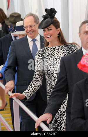 The Duchess of Cambridge disembarks following her tour of the Royal Princess after the Princess Cruises ship naming ceremony at Ocean Terminal, Southampton. Stock Photo