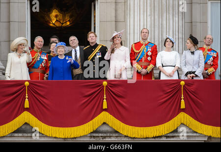 The Duchess of Cornwall, the Prince of Wales, the Princess Royal, Queen Elizabeth II, the Duke of York, Prince Harry, the Duke and Duchess of Cambridge, Princess Eugenie, Princess Beatrice and the Duke of Kent, on the balcony of Buckingham Palace, in central London, following the annual Trooping the Colour parade. Stock Photo