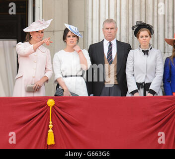 The Duchess of Cambridge, Princess Eugenie, the Duke of York and Princess Beatrice, on the balcony of Buckingham Palace, in central London, following the annual Trooping the Colour parade. Stock Photo