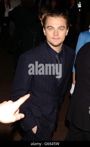 Actor Leonardo DiCaprio arrives for the UK premiere of Steven Spielberg's 'Catch Me If You Can' at the Empire Cinema, Leicester Square in London. Stock Photo