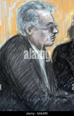 Court artist sketch by Elizabeth Cook of Moors Murderer Ian Brady appearing via video at his mental health tribunal at Manchester Civil Justice Centre.