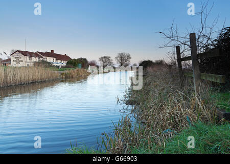 View of the Bridgwater and Taunton Canal, as it passes by the Boat and Anchor Inn, near Huntworth, Somerset, England Stock Photo