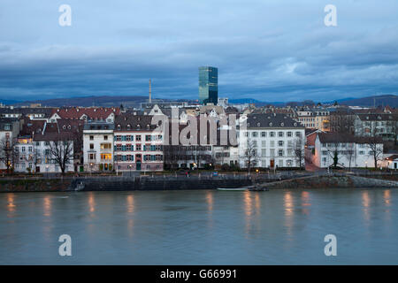 Bank of the Rhine River, Upper Rheinweg, twilight, Basel, Canton of Basel-Stadt, Switzerland, Europe, PublicGround Stock Photo