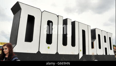 A giant Download sign on day three of the Download Festival at Castle Donington. Stock Photo