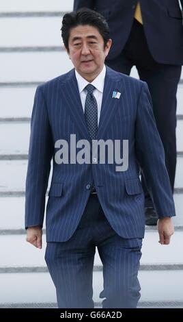 Japan's Prime Minister Shinzo Abe arrives at Belfast International Airport, as G8 leaders from around the world begin to arrive in Northern Ireland for the G8 Summit. Stock Photo