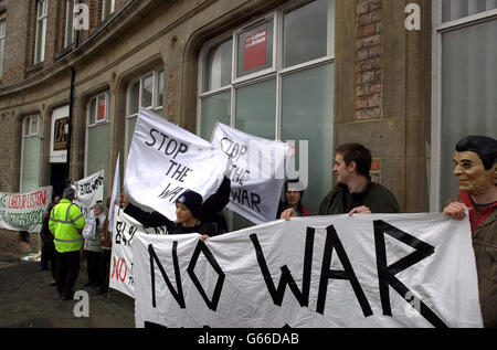 Anti-war protestors demonstrate outside the Labour Party Headquarters in North Shields, Newcastle, as Prime Minister Tony Blair toured the region. * The protest came less than 24 hours after Mr Blair faced tough questioning from members of the public during a special Newsnight programme filmed in Gateshead. Stock Photo