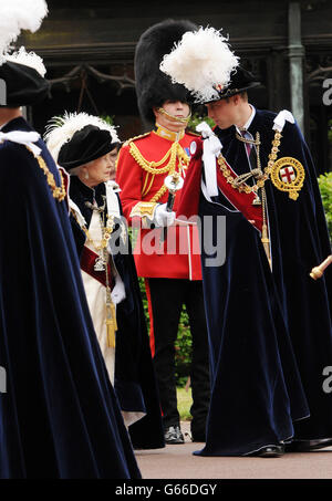 WINDSOR, UNITED KINGDOM - JUNE 17: Queen Elizabeth II and Prince William, Duke of Cambridge attend the Order Of The Garter Service at St George's Chapel on June 17, 2013 in Windsor, England. (Photo by Eamonn M. McCormack/Getty Images) Stock Photo