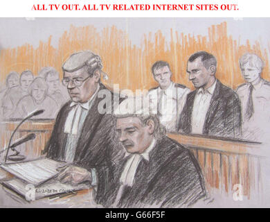 ALL TV OUT. ALL TV RELATED INTERNET SITES OUT. Court artist sketch by Elizabeth Cook of Carl Mills, 29, accused of the triple murder of three generations of the same family, who sat emotionless looking at the floor at the start of his trial at Newport Crown Court, south Wales. Stock Photo