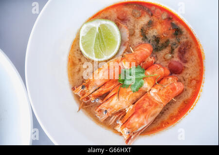 Hot and sour soup and shrimp in condensed water, Thai traditional food.(Tom Yum Goong ) Stock Photo