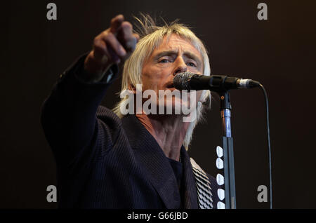 Paul Weller performing on the Main Stage at the Isle of Wight Festival, in Seaclose Park, Newport, Isle of Wight. Stock Photo