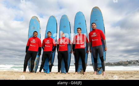British & Irish Lions (left to right) Toby Faletau, Conor Murray, Rory Best, Justin Tipuric and Alex Cuthbert pose for a picture before surfing on Bondi Beach, Sydney in Australia. Stock Photo