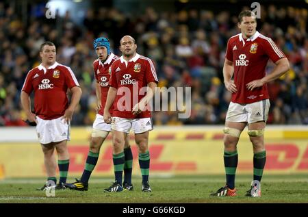 (L-R) British and Irish Lions' Matt Stevens, Justin Tipuric, Rory Best and Ian Evans stand dejected Stock Photo