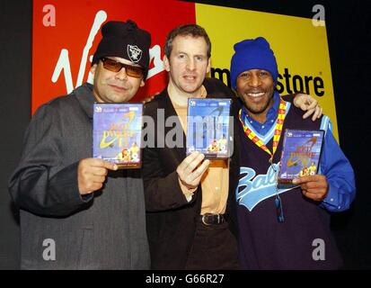 Stars of BBC's sci-fi cult comedy Red Dwarf (from left) Craig Charles, Chris Barrie and Danny John-Jules, during a photocall at the Virgin Megastore, in London's Oxford Street, where they signed copies of their new DVD Red Dwarf: Series II. Stock Photo