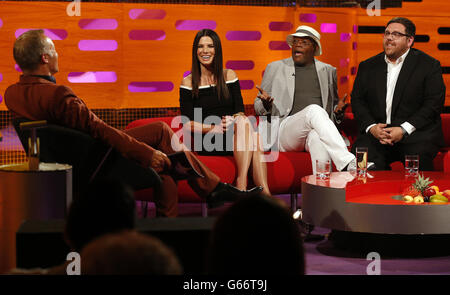 Previously unissued picture dated 12/06/13 of (left to right) presenter Graham Norton, Sandra Bullock, Samuel L Jackson and Nick Frost, during the filming of The Graham Norton Show at the London Studios, in London to be transmitted on BBC One on Friday. Stock Photo