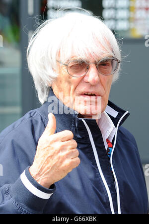 Bernie Ecclestone, president and CEO of Formula 1, in the paddock after qualifying for the 2013 Santander British Grand Prix at Silverstone Circuit, Towcester. Stock Photo