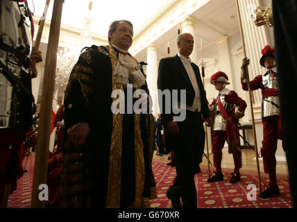 Alderman Roger Gifford (left), the Lord Mayor of London, and Justice Secretary Chris Grayling attending the Lord Mayor of the City of London's Dinner to Her Majesty's Judges, at The Mansion House in London. Stock Photo