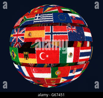 illustration of Knit National flags twisted as spiral globe Stock Photo