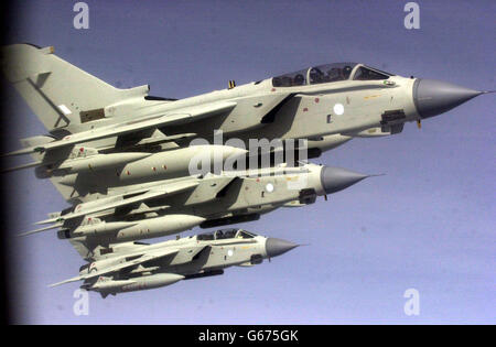 Three Tornado aircraft after being refueled by a VC10 that left RAF Brize Norton, Oxfordshire. VC 10 aircraft are being used to refuel Tornados on their way to the Gulf. Stock Photo