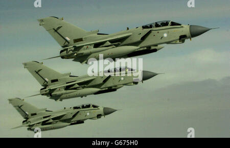 Three Tornado aircraft after being refueled by a VC10 that left RAF Brize Norton, Oxfordshire. VC 10 aircraft are being used to refuel Tornados on their way to the Gulf. Stock Photo