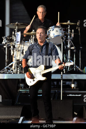 Bruce Springsteen & The E Street Band perform on stage at the Hard Rock Calling Festival at Queen Elizabeth Olympic Park in Stratford, east London. Stock Photo