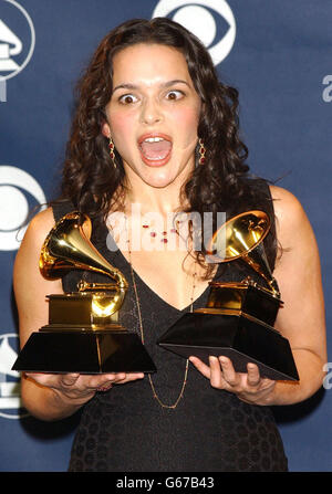 Singer Norah Jones holds her two of the five Grammy awards she received at the 45th Annual Grammy Awards at Madison Square Garden in New York City, USA Jones won for Record of the Year, Album of the Year (Come Away With Me), Best New Artist. * .. Best Female Pop Vocal Performance and Best Pop Vocal Album. Stock Photo