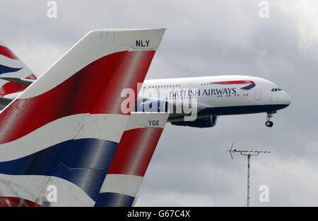 British Airways liveried Airbus A380, the world's largest passenger plane, arriving at Heathrow Airport as BA became the first UK airline to take delivery of the massive superjumbo. Stock Photo