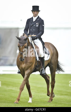 New Zealand's Andrew Nicholson performs in the dressage with TESEO during day one of the Barbury International Horse Trials at Barbury Castle, Wiltshire. Stock Photo