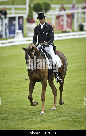 New Zealand's Mark Todd performs in the dressage with OLOA during day one of the Barbury International Horse Trials at Barbury Castle, Wiltshire. Stock Photo