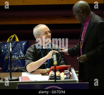 The Archbishop of Canterbury the Most Rev. Justin Welby (left) with Dr John Sentamu, the Archbishop of York (right) at the Church of England General Synod opening session at York University, York. Stock Photo