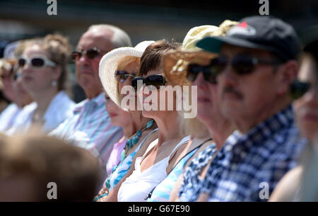 Tennis - 2013 Wimbledon Championships - Day Twelve - The All England Lawn Tennis and Croquet Club. Tennis fans wear sunglasses during day twelve of the Wimbledon Championships at The All England Lawn Tennis and Croquet Club, Wimbledon. Stock Photo