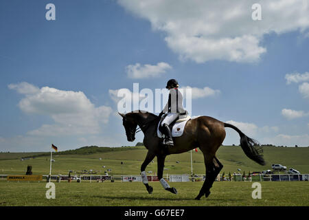 Laura Collett parades in the main arena on former racehorse Kauto Star during day four of the Barbury International Horse Trials at Barbury Castle, Wiltshire. Stock Photo